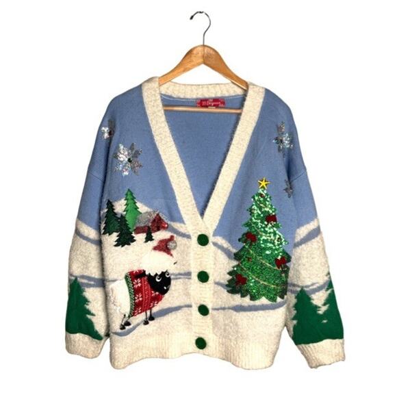 33 Degrees Sweater Cardigan Christmas Large Sheep Sequins Tree Cabin Poinsettia - Picture 1 of 9